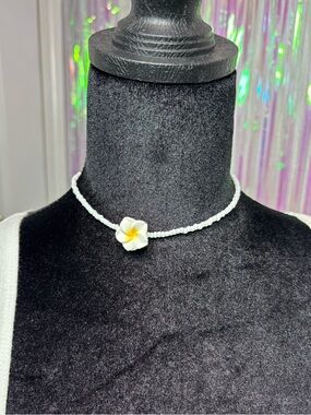 White Beaded Choker Necklace with Plumeria Flower Accent Summer Beach Perfect